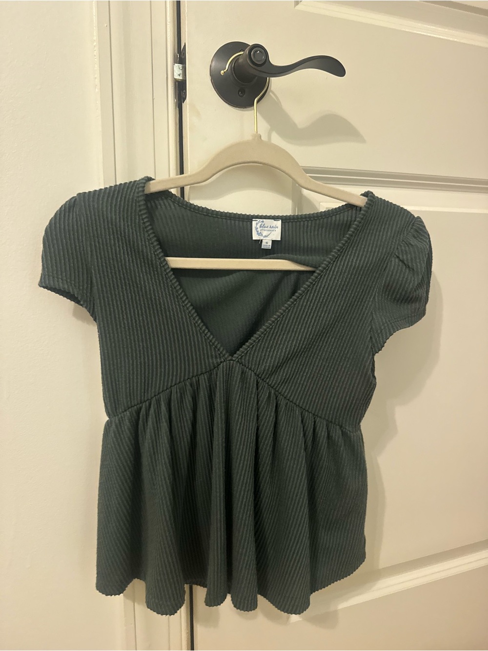 Blue Rain Olive Green Ribbed V-Neck Peplum Top